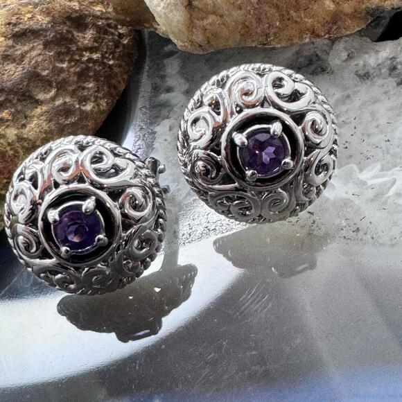 Carolyn Pollack Sterling Round Amethyst Omega Back Stud Earrings For Women - Picture 4 of 10